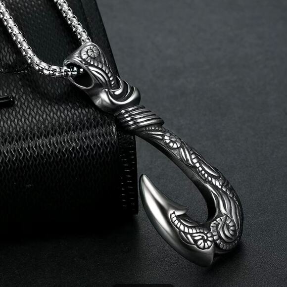 Titanium Steel Fish Hook Pendant Necklace Ocean Adventure Tribal Viking Unisex - Picture 1 of 5